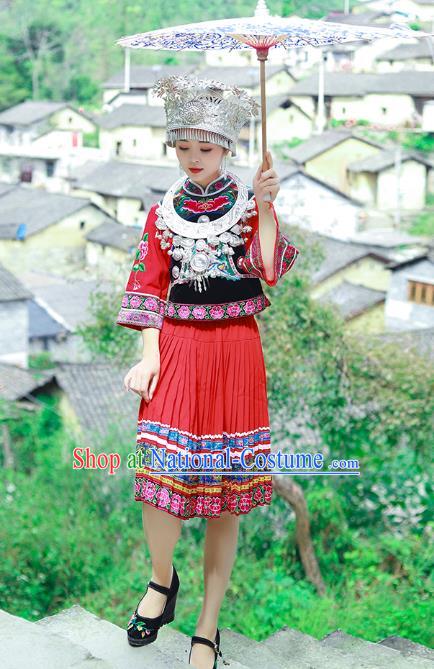 Chinese Miao Nationality Stage Performance Clothing Hmong Ethnic Female Folk Dance Outfits and Headdress