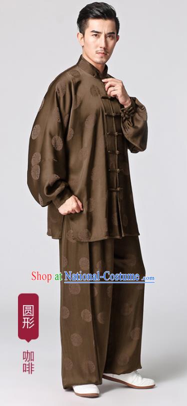 Chinese Traditional Kung Fu Circle Pattern Costumes Tai Chi Martial Arts Brown Silk Uniforms