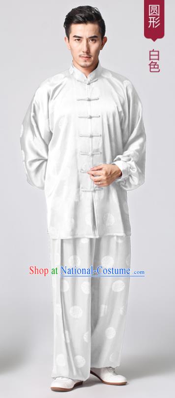 Chinese Tai Chi Martial Arts White Silk Uniforms Traditional Kung Fu Circle Pattern Costumes