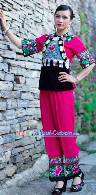 Chinese Miao Nationality Clothing Xiangxi Hmong Ethnic Woman Informal Rosy Outfits and Hair Accessories