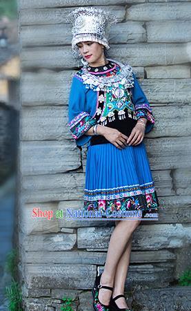 Chinese Miao Nationality Folk Dance Clothing Xiangxi Hmong Ethnic Woman Blue Outfits and Silver Headdress