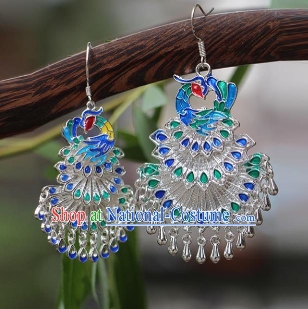 China Traditional Miao Nationality Bride Silver Earrings Hmong Stage Show Cloisonne Peacock Ear Accessories