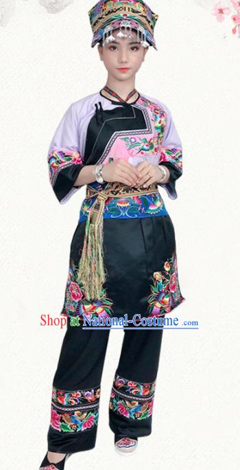 Chinese Yi Nationality Dress Stage Show Clothing Ethnic Woman Informal Pink Outfits Costumes and Headwear