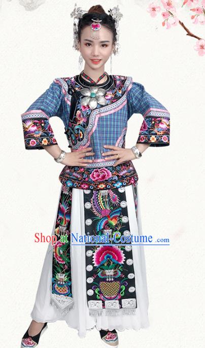 Chinese Miao Nationality Dress Stage Show Clothing Hmong Ethnic Woman Folk Dance Costumes and Hair Jewelry