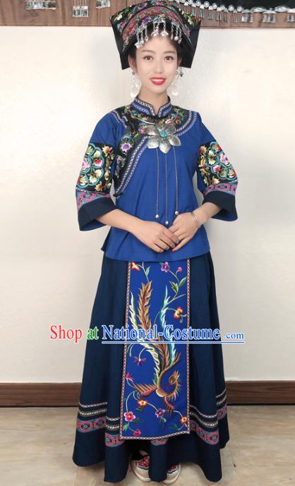 Chinese Tujia Nationality Folk Dance Dress Minority Stage Show Clothing Xiangxi Ethnic Woman Costume and Headdress