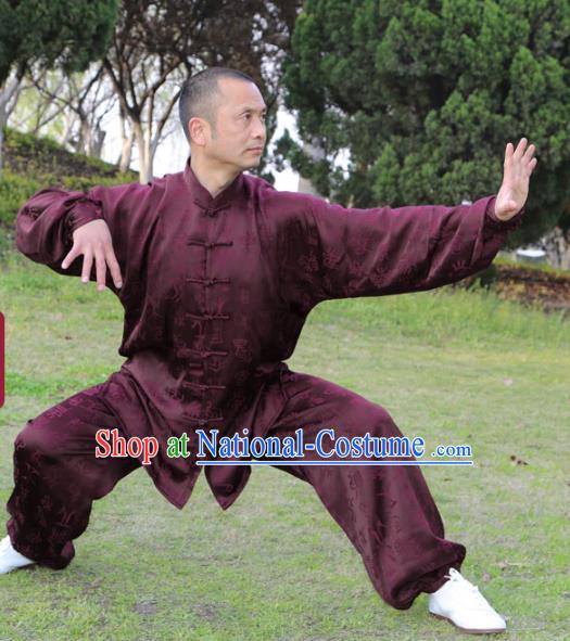 Chinese Traditional Oracle Pattern Purple Silk Uniforms Men Clothing Tai Chi Kung Fu Costumes