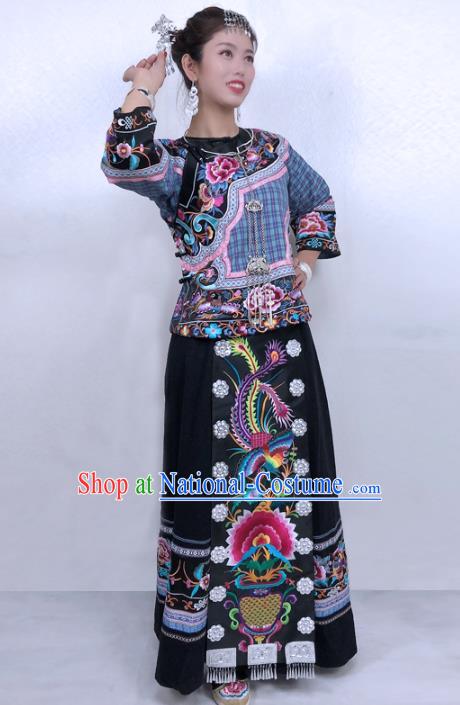 Chinese Miao Nationality Dress Minority Stage Show Clothing Hmong Ethnic Woman Folk Dance Costume and Hair Accessories