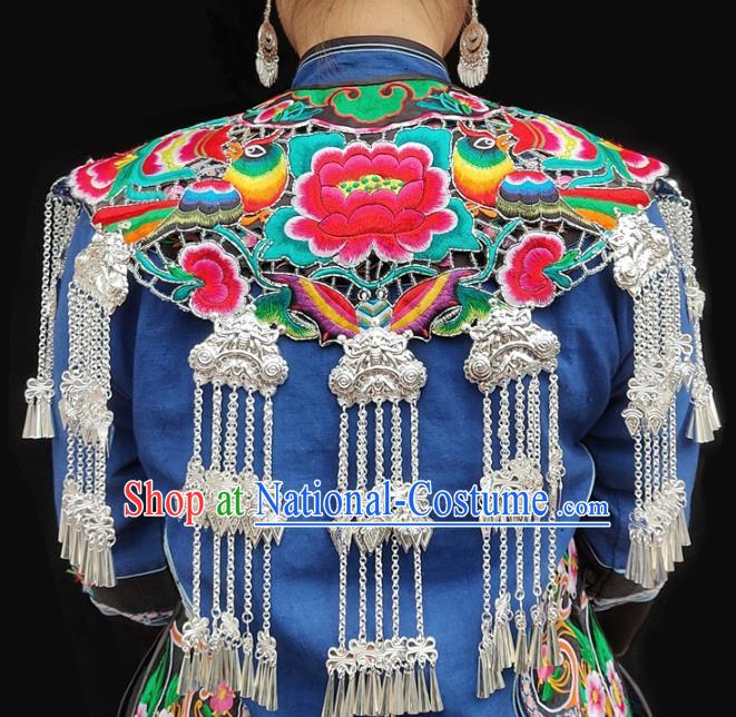 China Traditional Miao Nationality Folk Dance Embroidered Tippet Sichuan Ethnic Minority Silver Tassel Shoulder