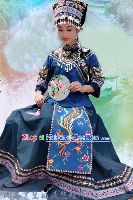 Chinese Bouyei Ethnic Woman Costume Puyi Nationality Dress Minority Folk Dance Clothing and Embroidered Hat