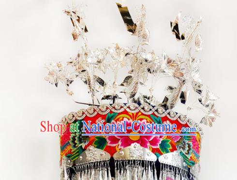 China Sichuan Ethnic Minority Silver Phoenix Coronet Traditional Miao Nationality Folk Dance Embroidered Hat