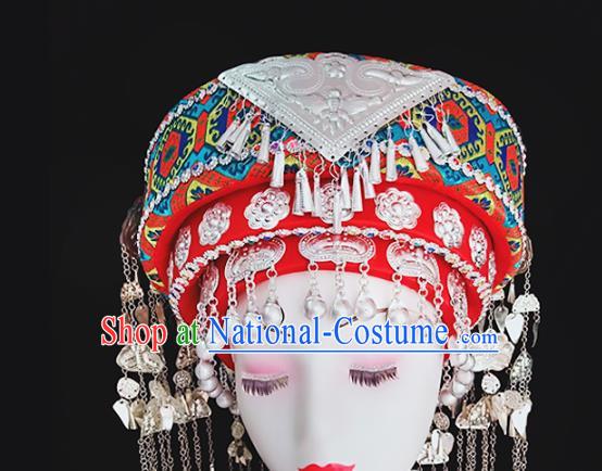 China Hmong Ethnic Minority Wedding Headwear Traditional Miao Nationality Folk Dance Embroidered Red Hat