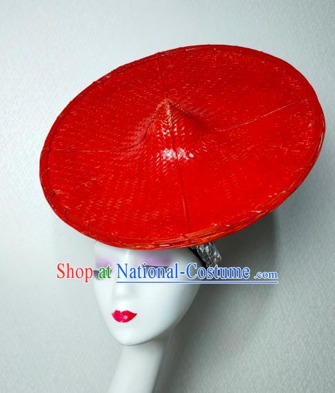 China Traditional Dai Nationality Folk Dance Red Bamboo Hat Yunnan Ethnic Minority Stage Show Headwear