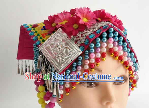 China Xiangxi Ethnic Minority Woman Headwear Traditional Yi Nationality Folk Dance Beads Tassel Hat