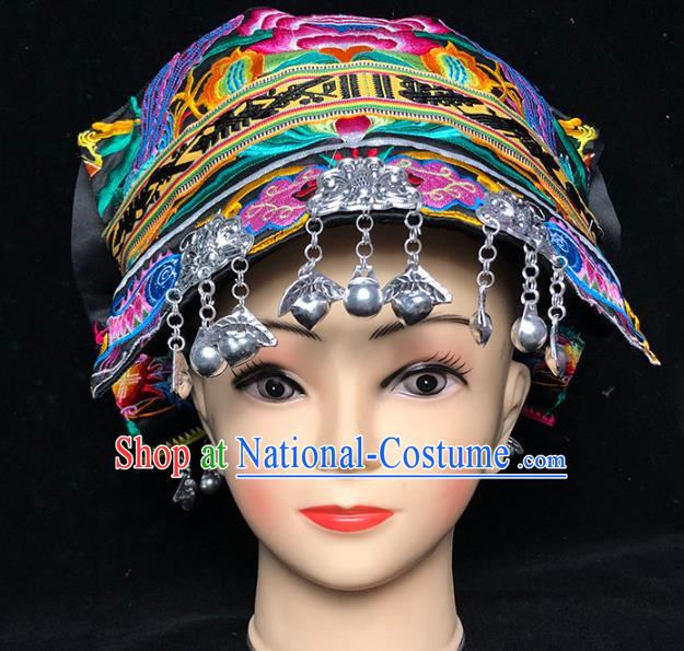 China Xiangxi Tujia Ethnic Minority Woman Silver Tassel Headwear Traditional Yi Nationality Stage Show Embroidered Hat