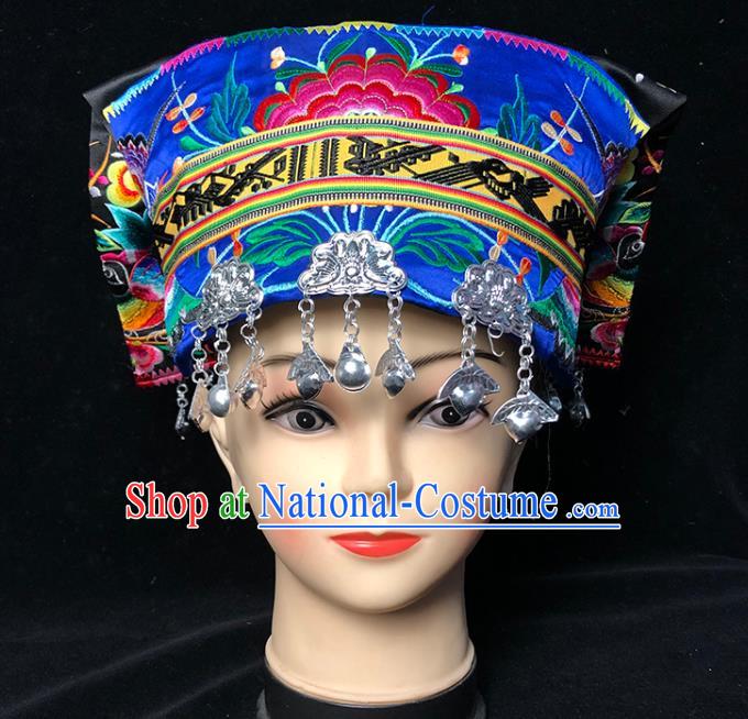 China Traditional Yi Nationality Stage Show Embroidered Blue Hat Xiangxi Tujia Ethnic Minority Woman Silver Tassel Headwear