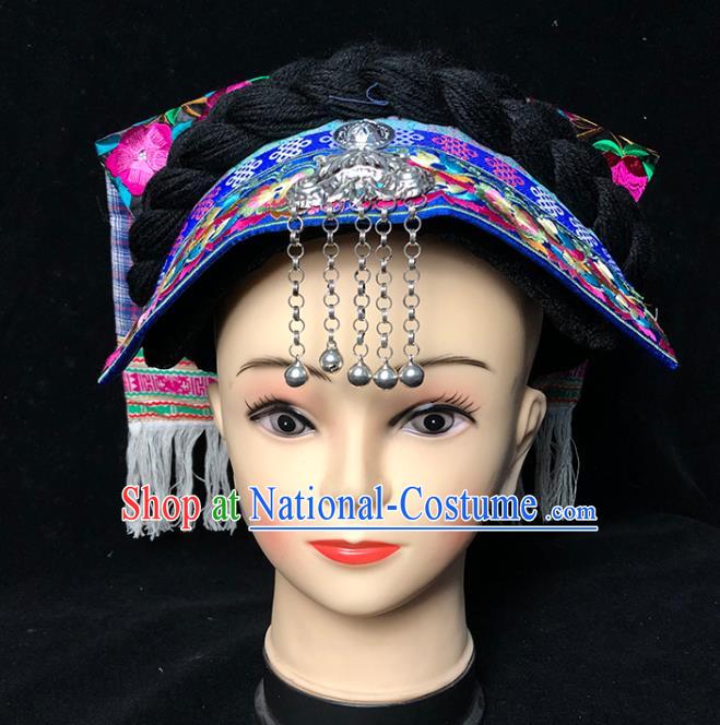 China Ethnic Minority Folk Dance Silver Bells Tassel Headwear Traditional Yi Nationality Embroidered Hat