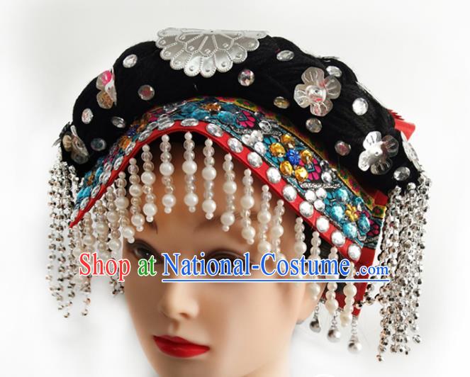 China Yi Ethnic Folk Dance Headwear Traditional Nationality Minority Beads Tassel Hat