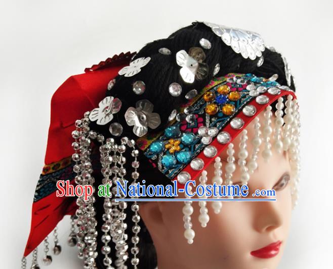 China Yi Ethnic Folk Dance Headwear Traditional Nationality Minority Beads Tassel Hat