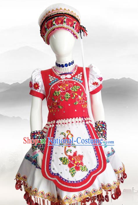 Chinese Yunnan Ethnic Woman Costume Bai Nationality Outfits Minority Folk Dance Rosy Dress Clothing and Hat