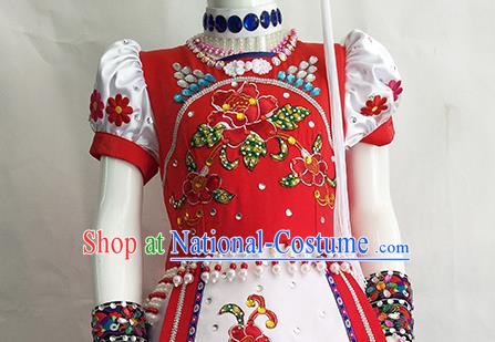 Chinese Yunnan Ethnic Woman Costume Bai Nationality Outfits Minority Folk Dance Rosy Dress Clothing and Hat