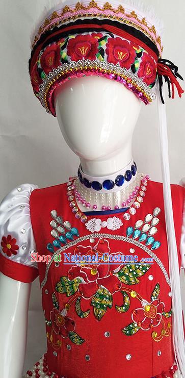 Chinese Yunnan Ethnic Woman Costume Bai Nationality Outfits Minority Folk Dance Rosy Dress Clothing and Hat