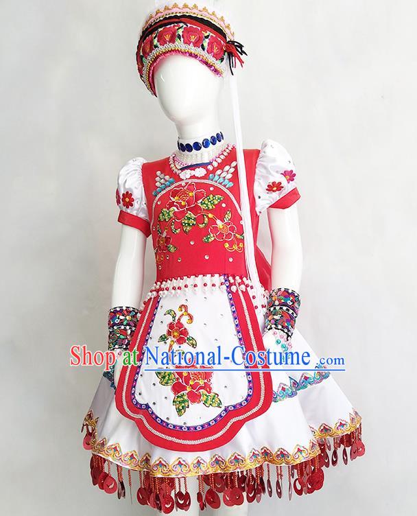 Chinese Yunnan Ethnic Woman Costume Bai Nationality Outfits Minority Folk Dance Rosy Dress Clothing and Hat