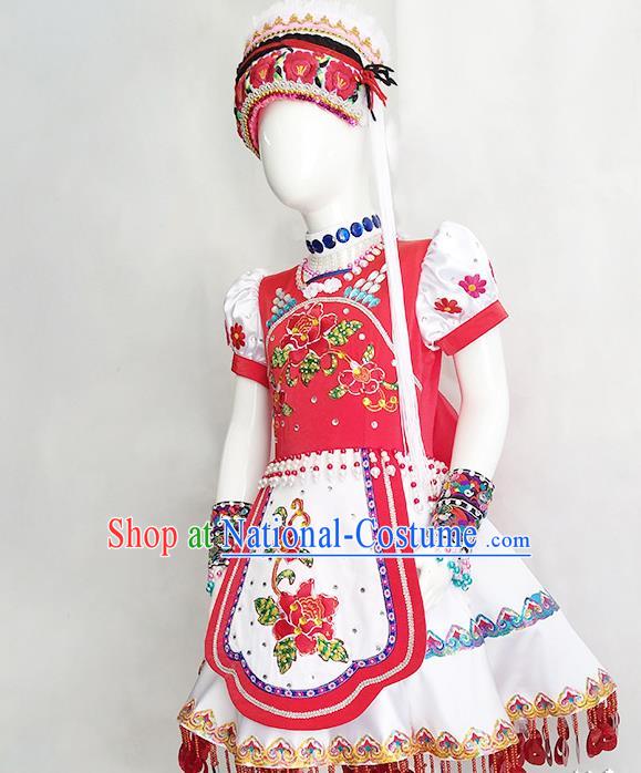 Chinese Yunnan Ethnic Woman Costume Bai Nationality Outfits Minority Folk Dance Rosy Dress Clothing and Hat