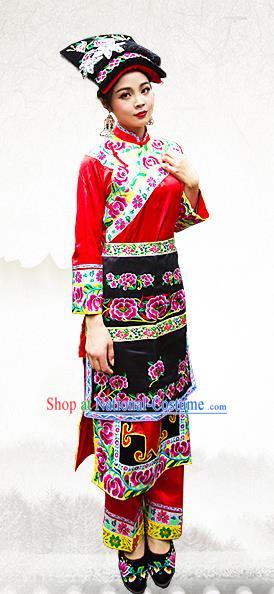 Chinese Qiang Nationality Female Informal Clothing Xiangxi Ethnic Folk Dance Red Outfits and Headwear