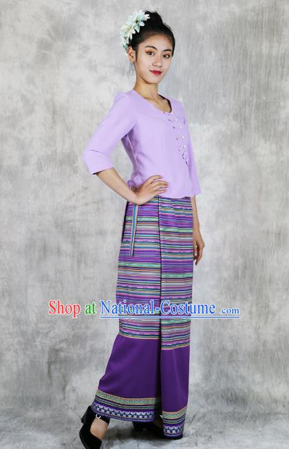 Chinese Dai Nationality Purple Outfits Minority Folk Dance Dress Clothing Yunnan Ethnic Woman Costume