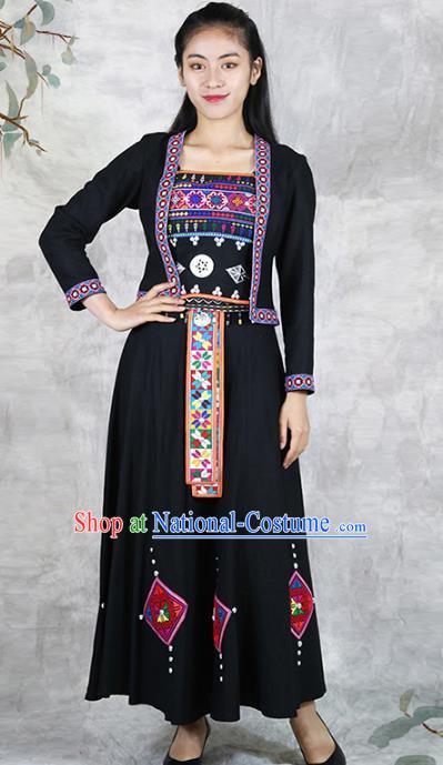 Chinese Hani Minority Informal Clothing Yunnan Ethnic Costume Nationality Woman Black Dress Outfits