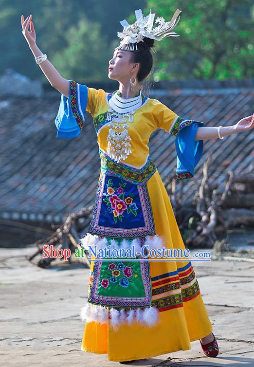 Chinese Dong Nationality Stage Performance Dress Clothing Ethnic Folk Dance Yellow Outfits and Hair Jewelry