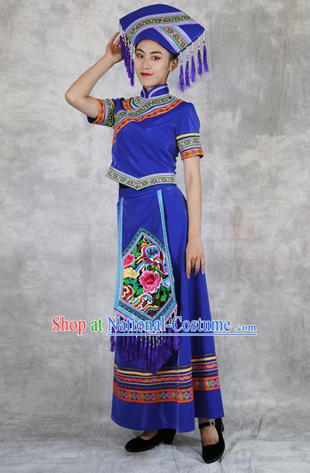 Chinese Ethnic Folk Dance Costume Zhuang Minority Informal Clothing Nationality Woman Royalblue Dress Outfits and Headwear