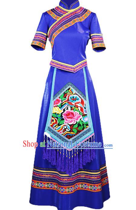 Chinese Ethnic Folk Dance Costume Zhuang Minority Informal Clothing Nationality Woman Royalblue Dress Outfits and Headwear