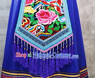 Chinese Ethnic Folk Dance Costume Zhuang Minority Informal Clothing Nationality Woman Royalblue Dress Outfits and Headwear