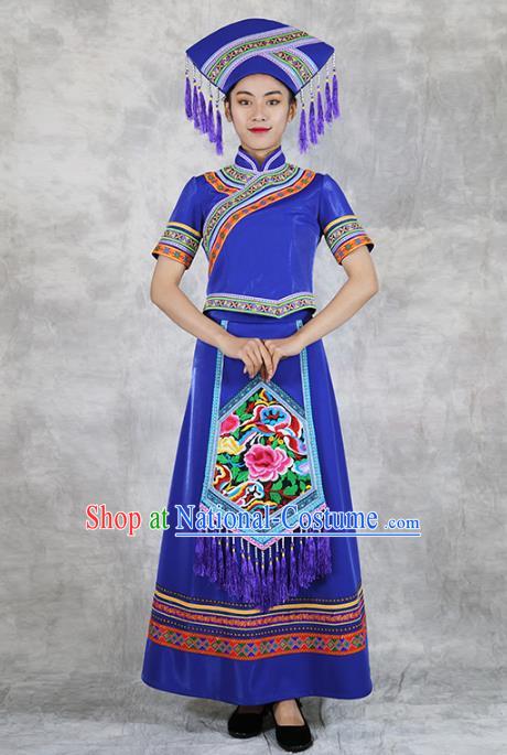 Chinese Ethnic Folk Dance Costume Zhuang Minority Informal Clothing Nationality Woman Royalblue Dress Outfits and Headwear