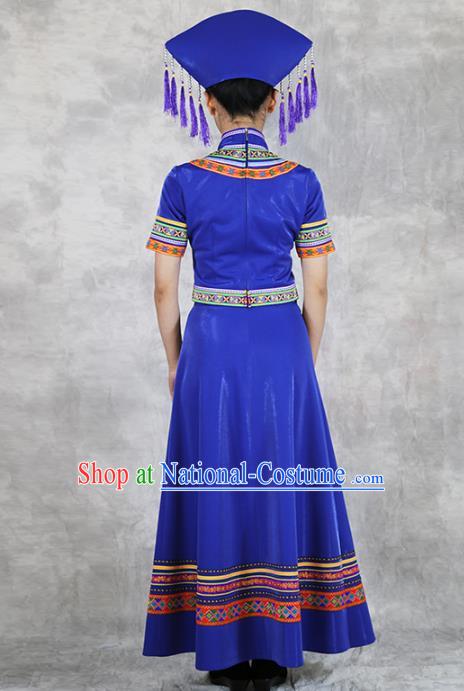 Chinese Ethnic Folk Dance Costume Zhuang Minority Informal Clothing Nationality Woman Royalblue Dress Outfits and Headwear