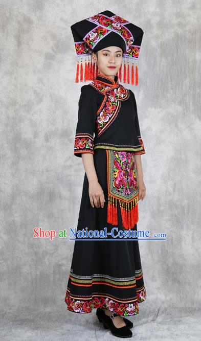 Chinese Nationality Woman Black Dress Outfits Ethnic Folk Dance Costume Zhuang Minority Informal Clothing and Hat