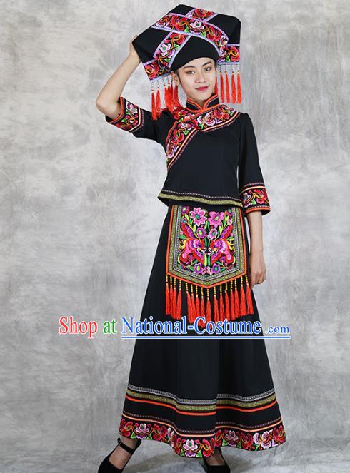 Chinese Nationality Woman Black Dress Outfits Ethnic Folk Dance Costume Zhuang Minority Informal Clothing and Hat