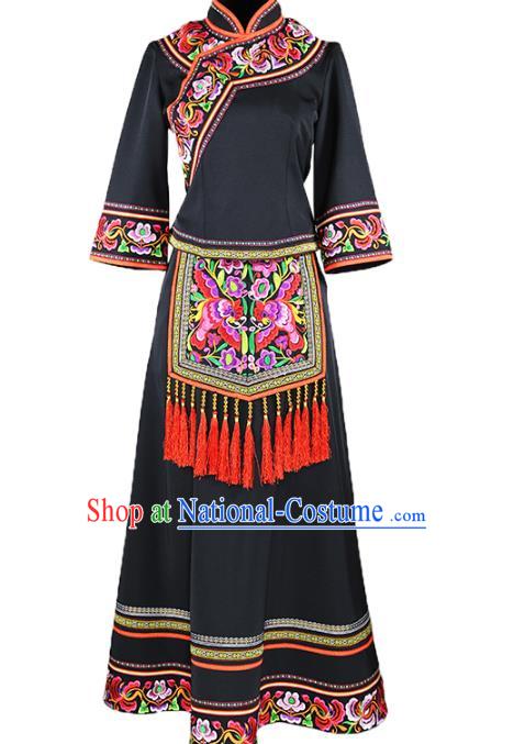 Chinese Nationality Woman Black Dress Outfits Ethnic Folk Dance Costume Zhuang Minority Informal Clothing and Hat