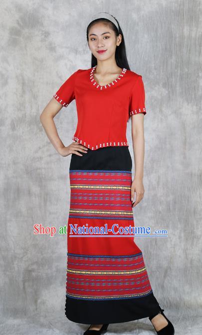 Chinese Yunnan Nationality Woman Red Dress Outfits Ethnic Folk Dance Costume Wa Minority Informal Clothing