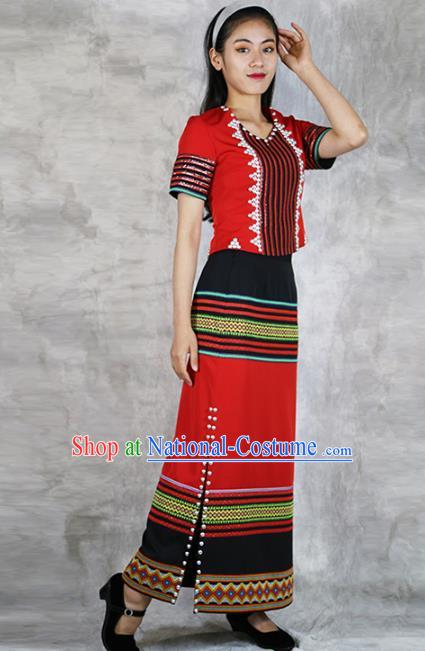 Chinese Wa Minority Informal Clothing Yunnan Nationality Woman Red Dress Outfits Ethnic Folk Dance Costume