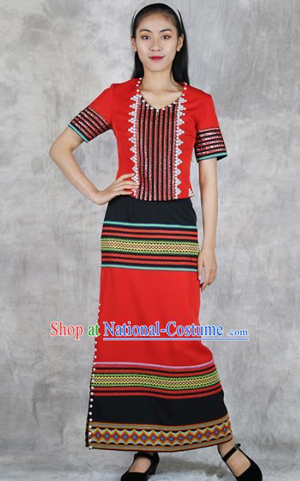 Chinese Wa Minority Informal Clothing Yunnan Nationality Woman Red Dress Outfits Ethnic Folk Dance Costume