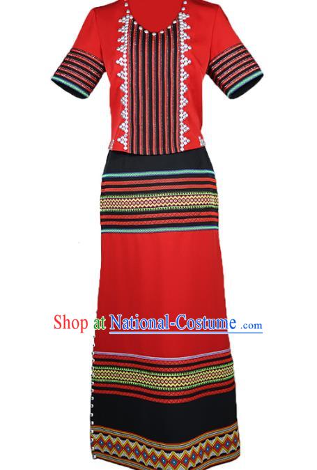 Chinese Wa Minority Informal Clothing Yunnan Nationality Woman Red Dress Outfits Ethnic Folk Dance Costume