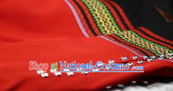 Chinese Wa Minority Informal Clothing Yunnan Nationality Woman Red Dress Outfits Ethnic Folk Dance Costume