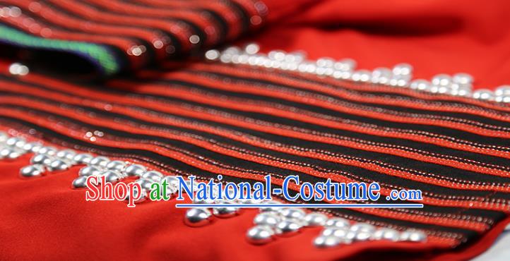 Chinese Wa Minority Informal Clothing Yunnan Nationality Woman Red Dress Outfits Ethnic Folk Dance Costume