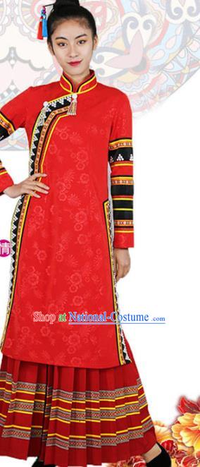 Chinese Lahu Nationality Bride Red Dress Outfits Yunnan Ethnic Woman Costume Yunnan Minority Clothing