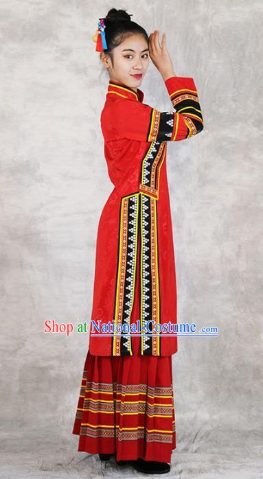 Chinese Lahu Nationality Bride Red Dress Outfits Yunnan Ethnic Woman Costume Yunnan Minority Clothing