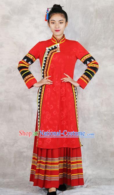 Chinese Lahu Nationality Bride Red Dress Outfits Yunnan Ethnic Woman Costume Yunnan Minority Clothing