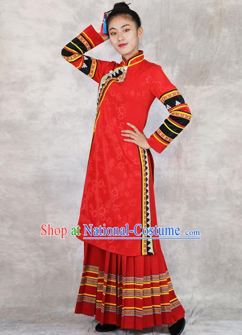 Chinese Lahu Nationality Bride Red Dress Outfits Yunnan Ethnic Woman Costume Yunnan Minority Clothing