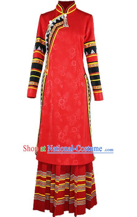 Chinese Lahu Nationality Bride Red Dress Outfits Yunnan Ethnic Woman Costume Yunnan Minority Clothing